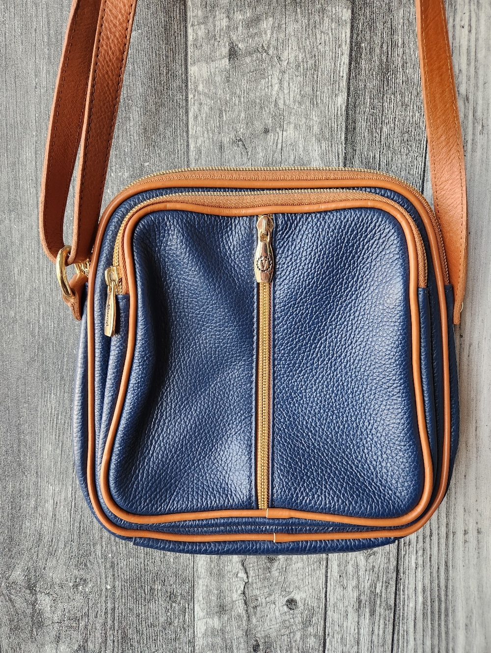 Valentina Genuine Leather Crossbody Handbag Purse Dark Blue Brown Made In Italy - Picture 2 of 13